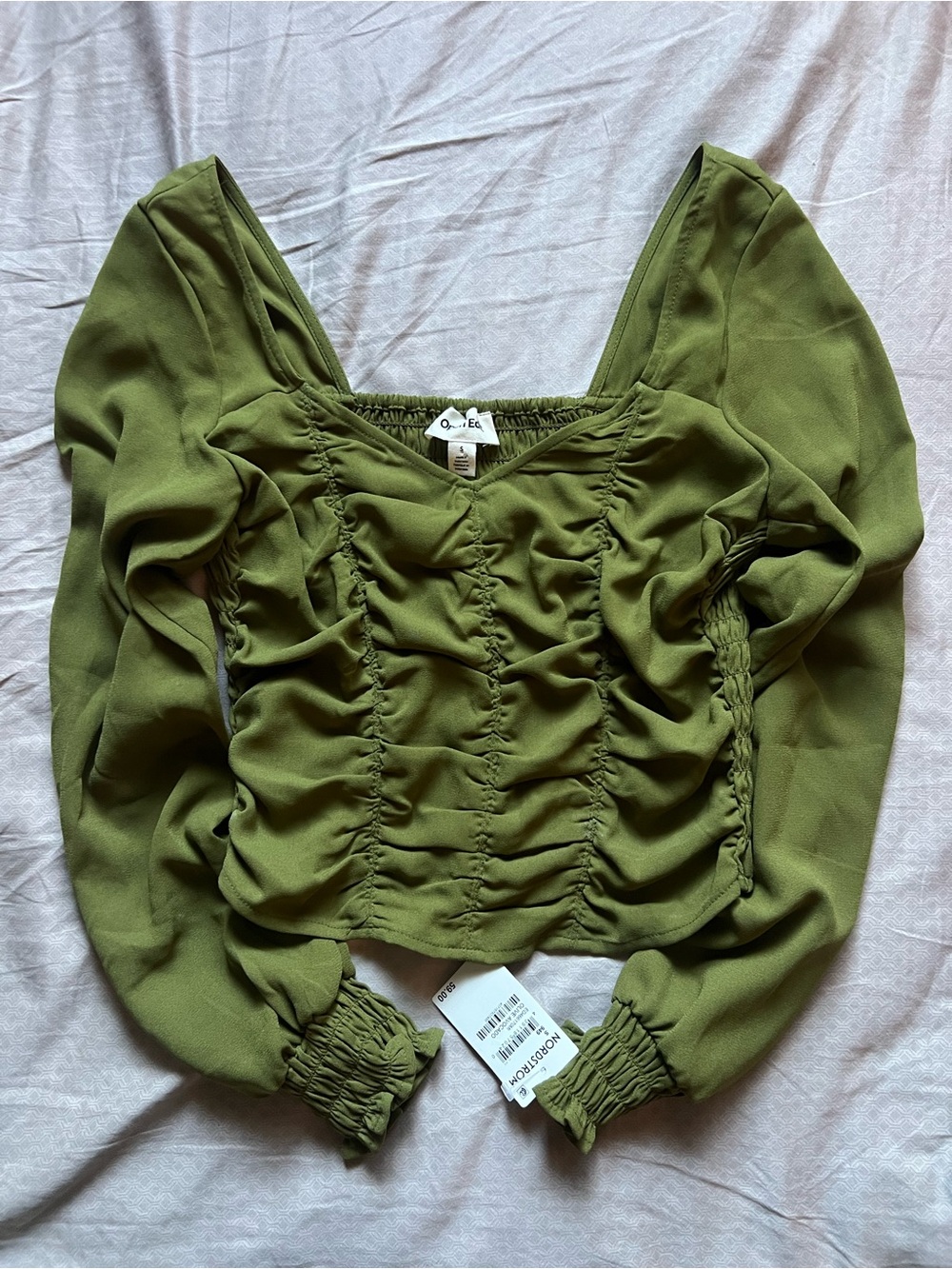 Open End NWT Olive Green Ruched Women's Long Sleeve Top